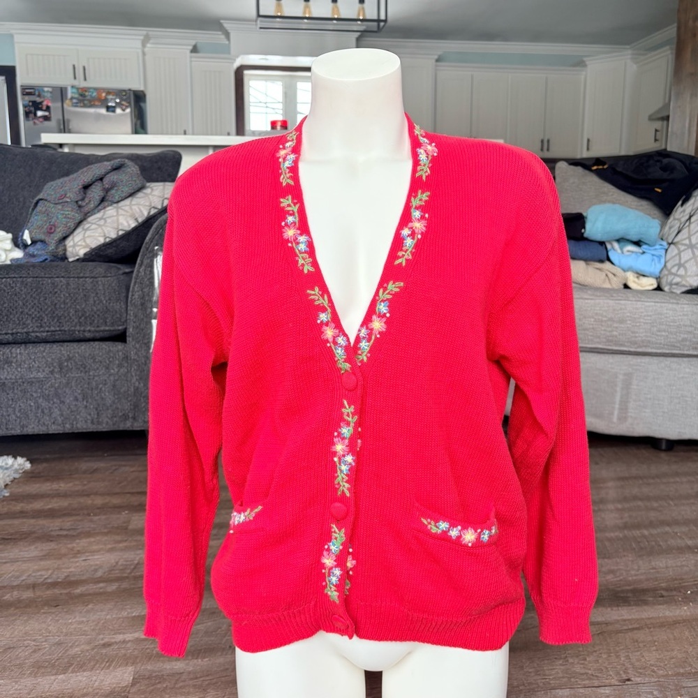 Red Floral Cardigan | Cottagecore Embroidery Ramie Cotton Knit Grandma Core - Picture 12 of 12